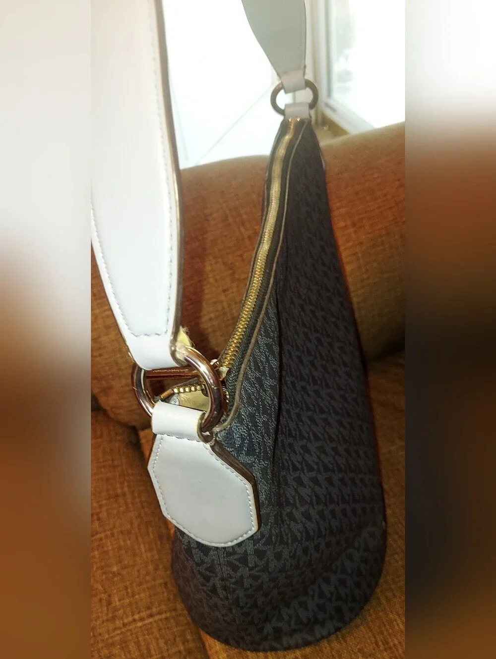 Michael Kors Navy Monogram Bucket Hobo with Light Blue Strap